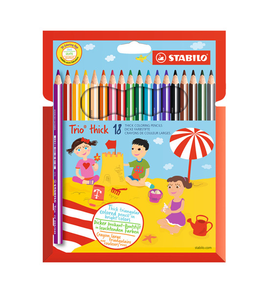 Lápices de Color, Largos, Trio thick, Cuerpo Triangular, Mina 4.2 mm, Estuche x 18 Colores.